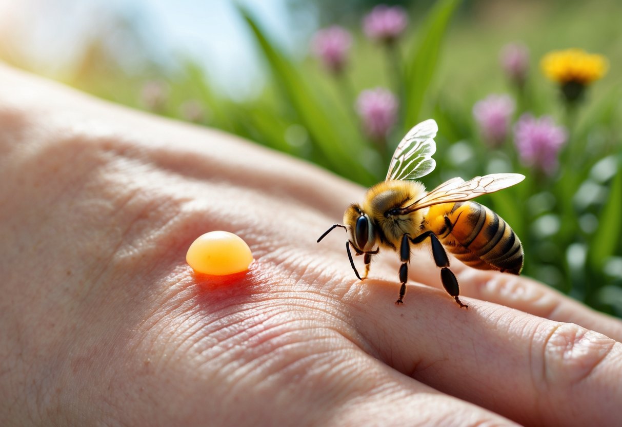 Close-up of a person's hand with a red, swollen bee sting and a honeybee flying nearby in a garden setting.