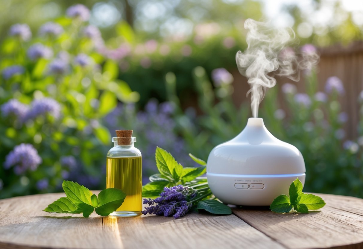A wooden table outdoors with citronella oil, fresh citronella leaves, a diffuser, and sprigs of lavender, eucalyptus, and mint surrounded by green plants.