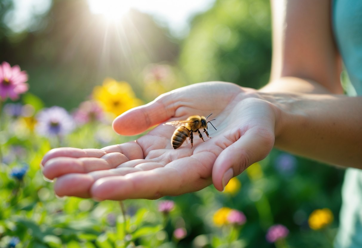 A person calmly observing a bee resting on their outstretched hand in a garden.