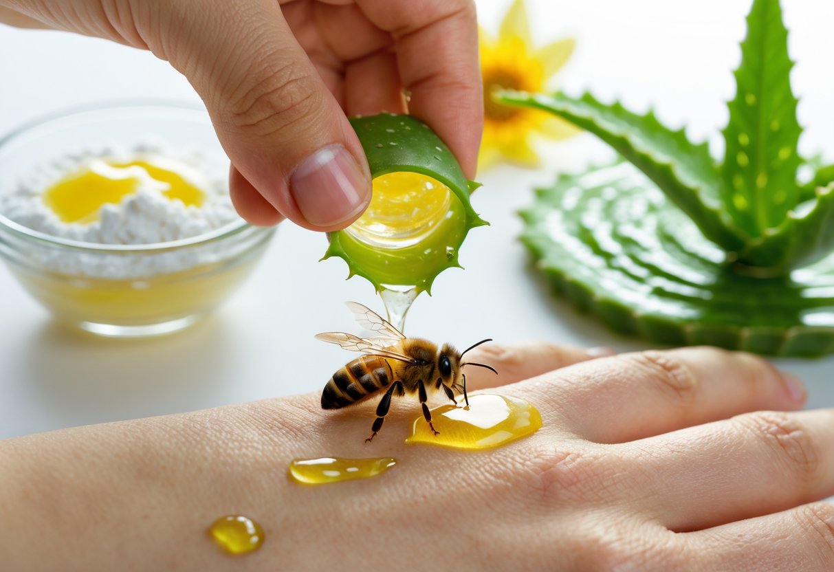 A hand applying a natural remedy to a swollen bee sting with aloe vera and baking soda visible nearby and a bee on a flower in the background.