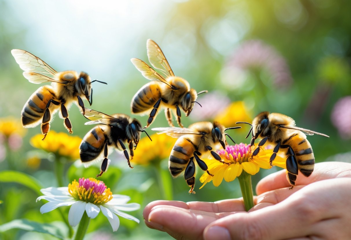 Close-up of different types of bees on flowers with a calm human hand nearby in a garden.