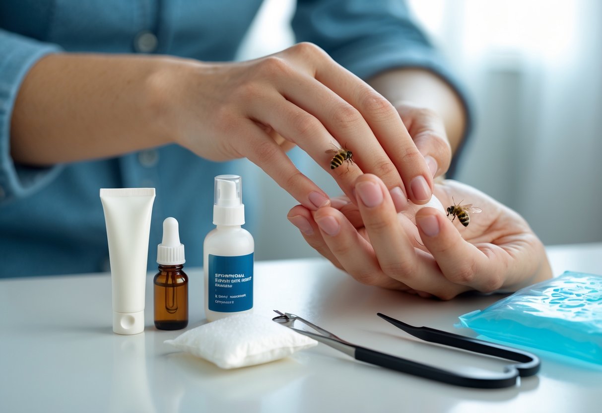 A person treating a bee sting on their hand with cream, antiseptic, and a cold compress nearby.