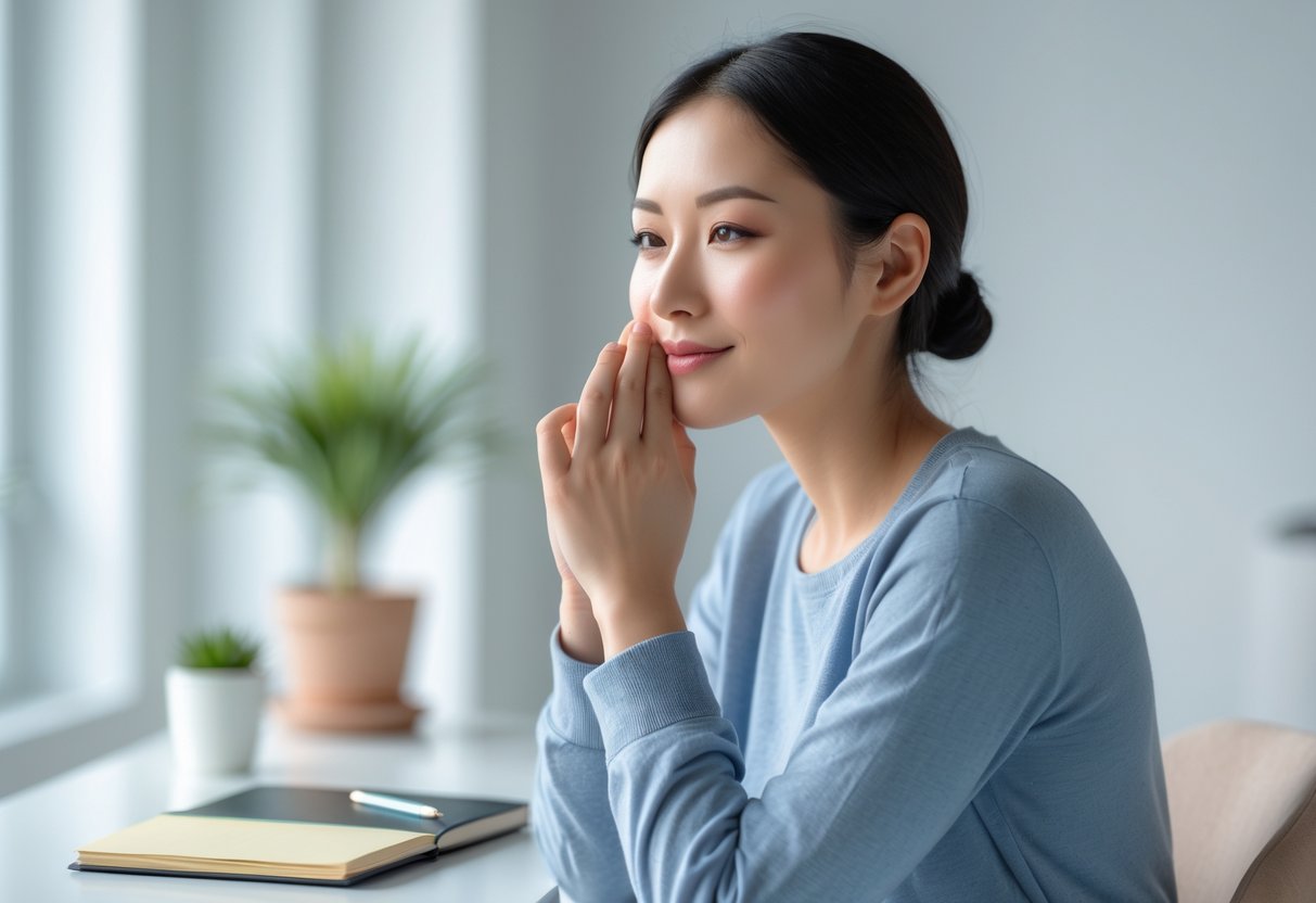 A person thoughtfully holding their hand near their mouth in a bright, calm room with a plant and desk in the background.