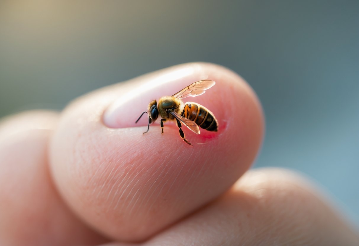 Close-up of a finger with a bee stinger embedded and slight redness around it.