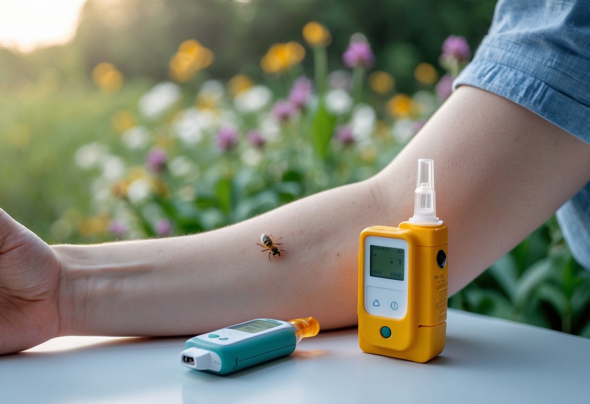 Close-up of a person's arm with a red bee sting mark and an epinephrine auto-injector nearby on a white surface outdoors.