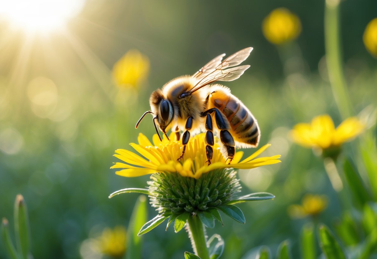A honeybee resting on a yellow flower in a sunlit meadow with green plants in the background.
