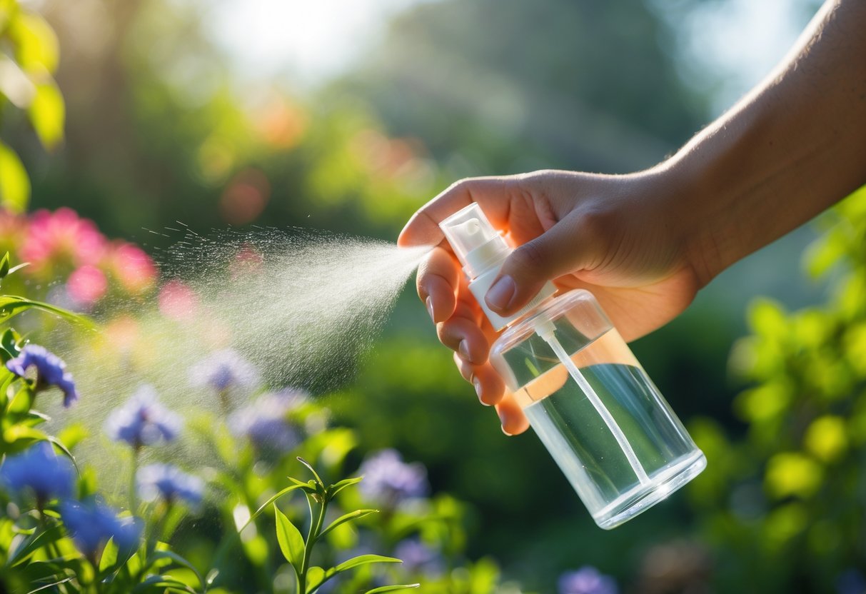 A person spraying insect repellent on their forearm outdoors with green plants in the background.