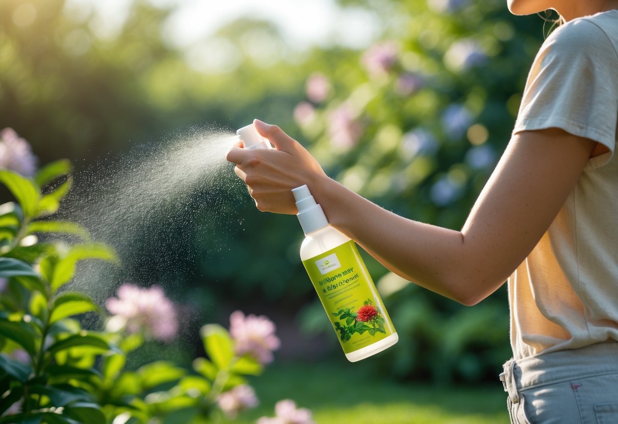 Close-up of a person spraying natural insect repellent on their arm outdoors in a garden.