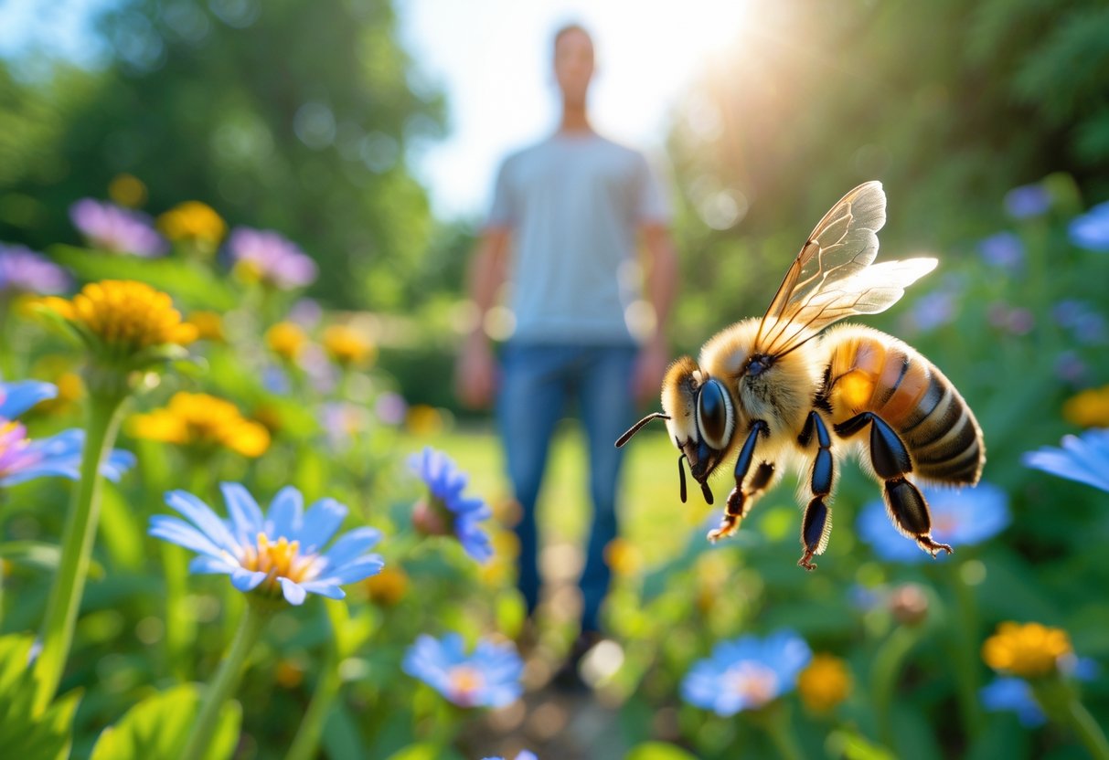Close-up view from a bee's perspective showing a bee with compound eyes in focus and a blurred human figure in a garden with flowers.
