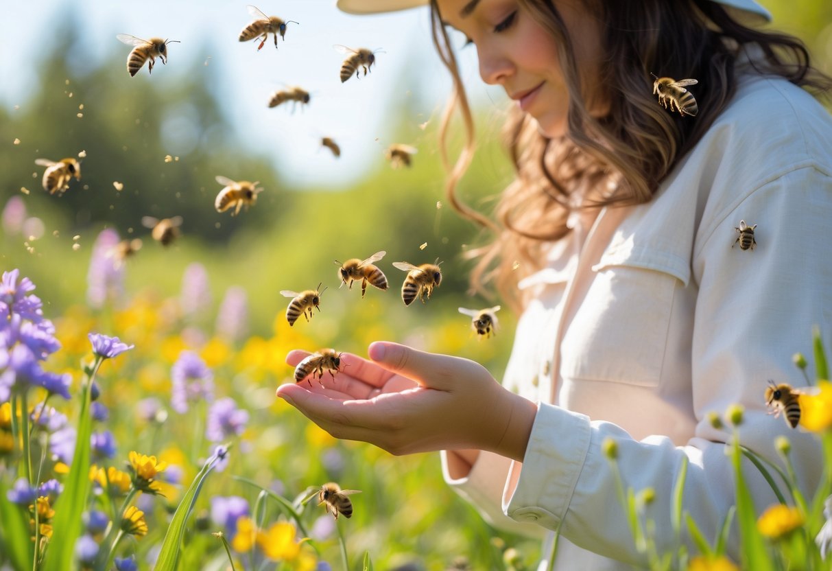 A person wearing light-colored clothes stands calmly among flowers with bees flying nearby in a sunny garden.