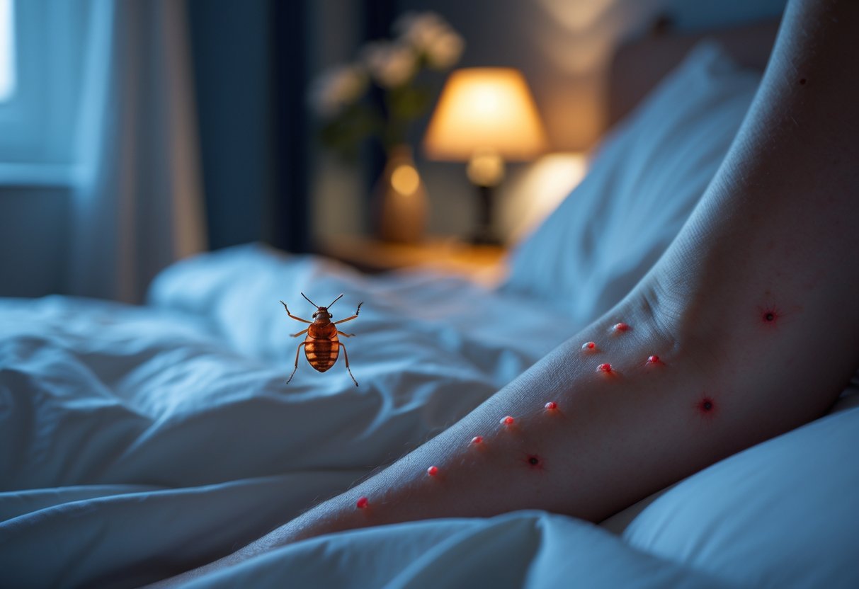Close-up of a person's arm with small red insect bites in a dimly lit bedroom at night.