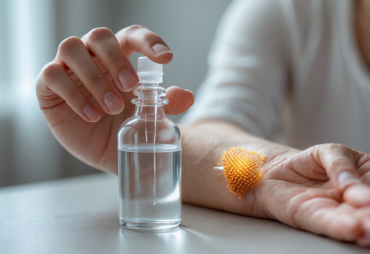 A person applying alcohol from a bottle onto a red bee sting on their forearm.