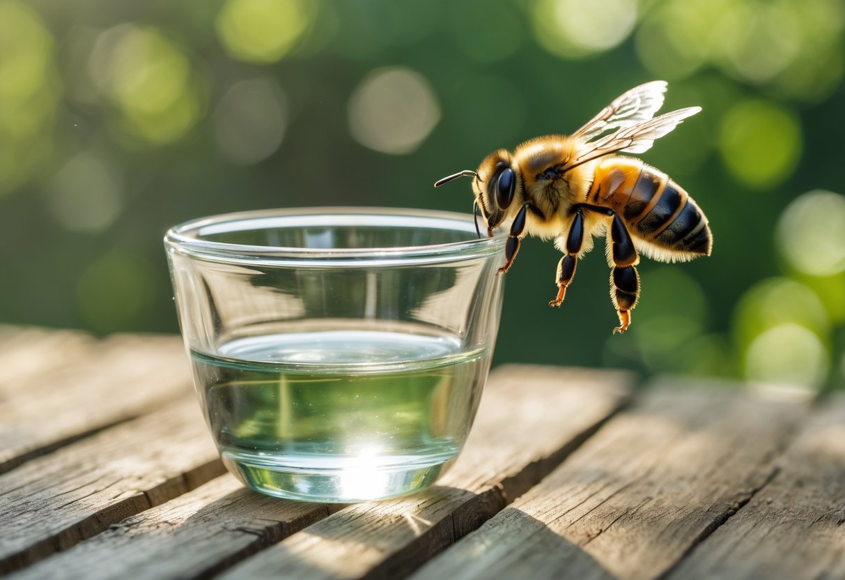 A honeybee hovering near a small bowl of vinegar on a wooden table outdoors with green foliage in the background.