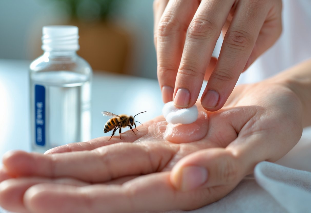 A person gently treating a bee sting on their hand with a cotton ball soaked in rubbing alcohol.