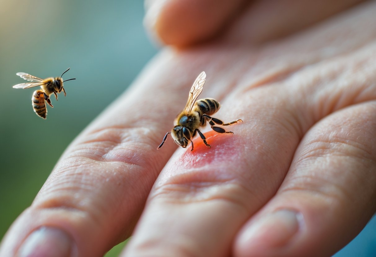 Close-up of a person's hand with a visible bee sting and mild redness, with a bee flying nearby.