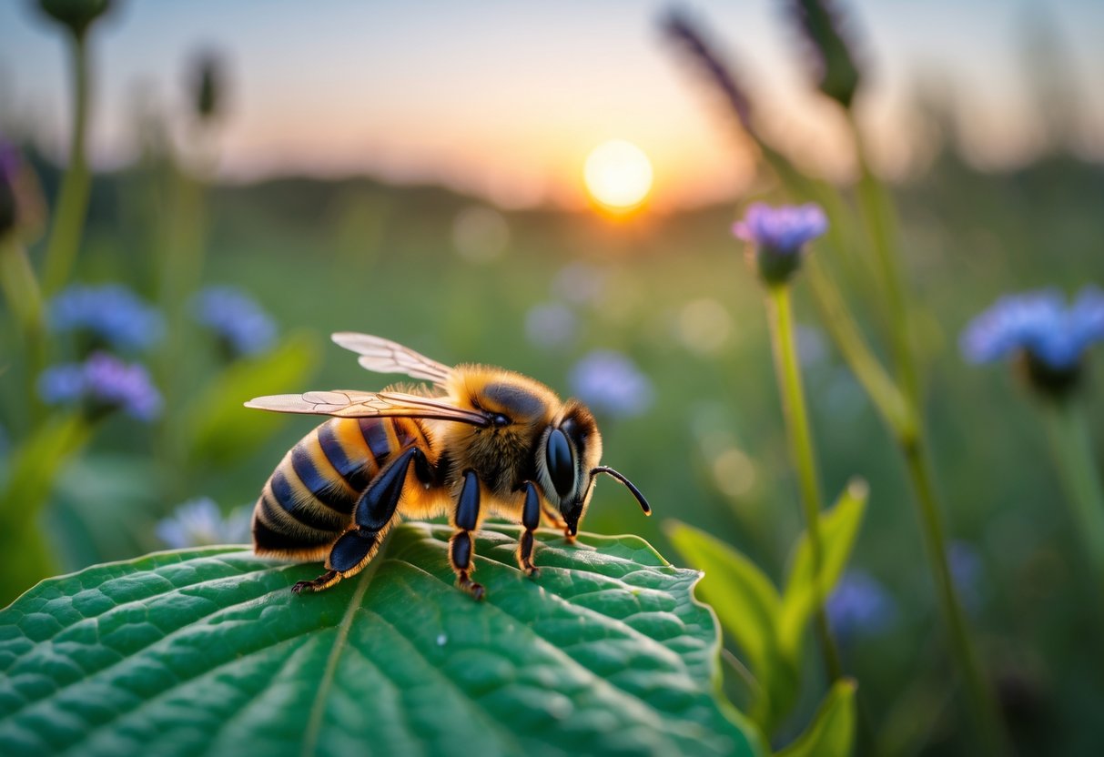 A honeybee resting quietly on a green leaf during sunset with blurred wildflowers in the background.