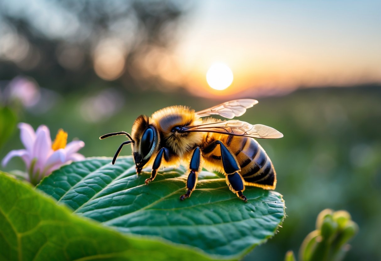 A honeybee resting quietly on a green leaf during twilight with a natural background.