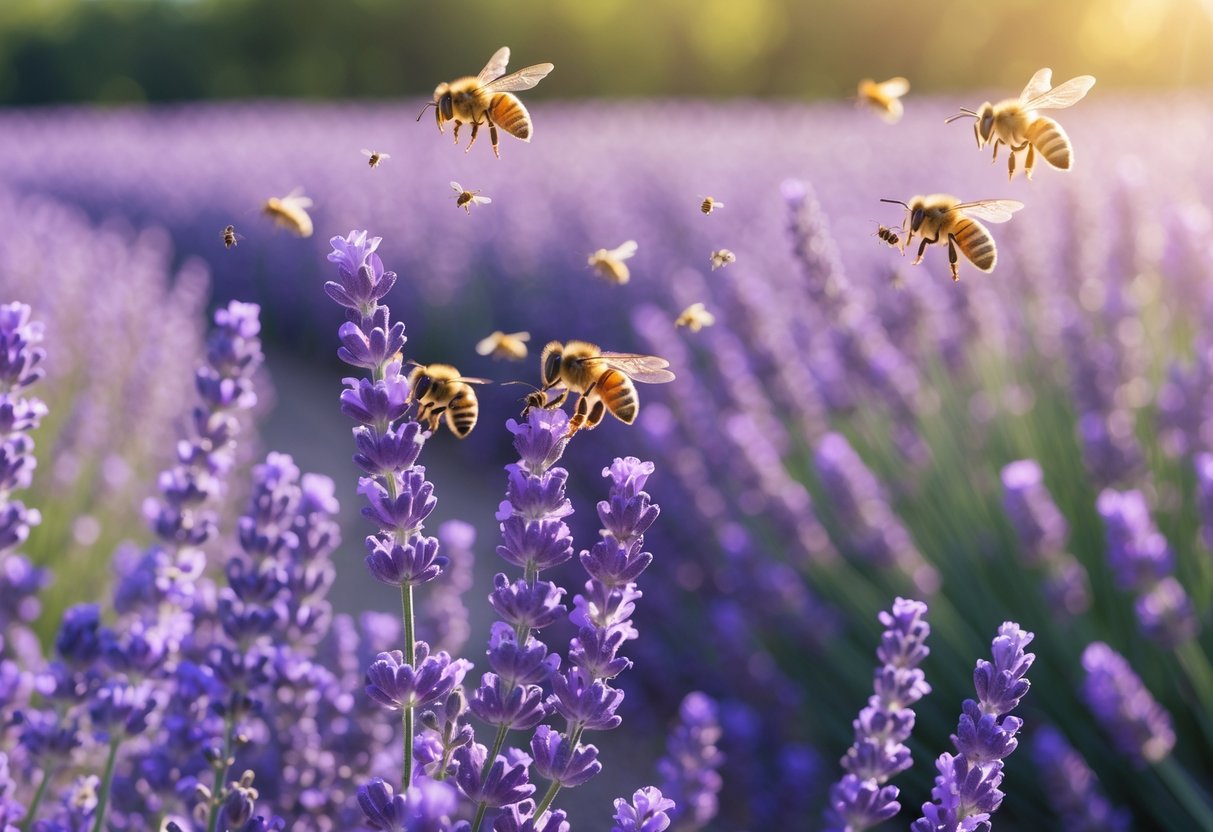 Honeybees flying around and landing on blooming lavender flowers in a sunlit field.