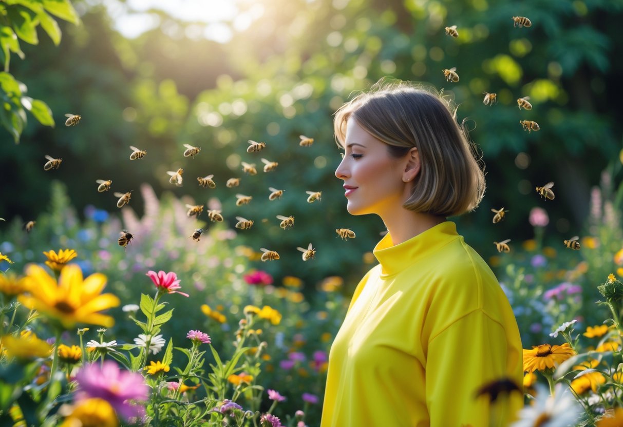 Person wearing bright yellow clothing standing in a sunny garden with flowers and no bees nearby.