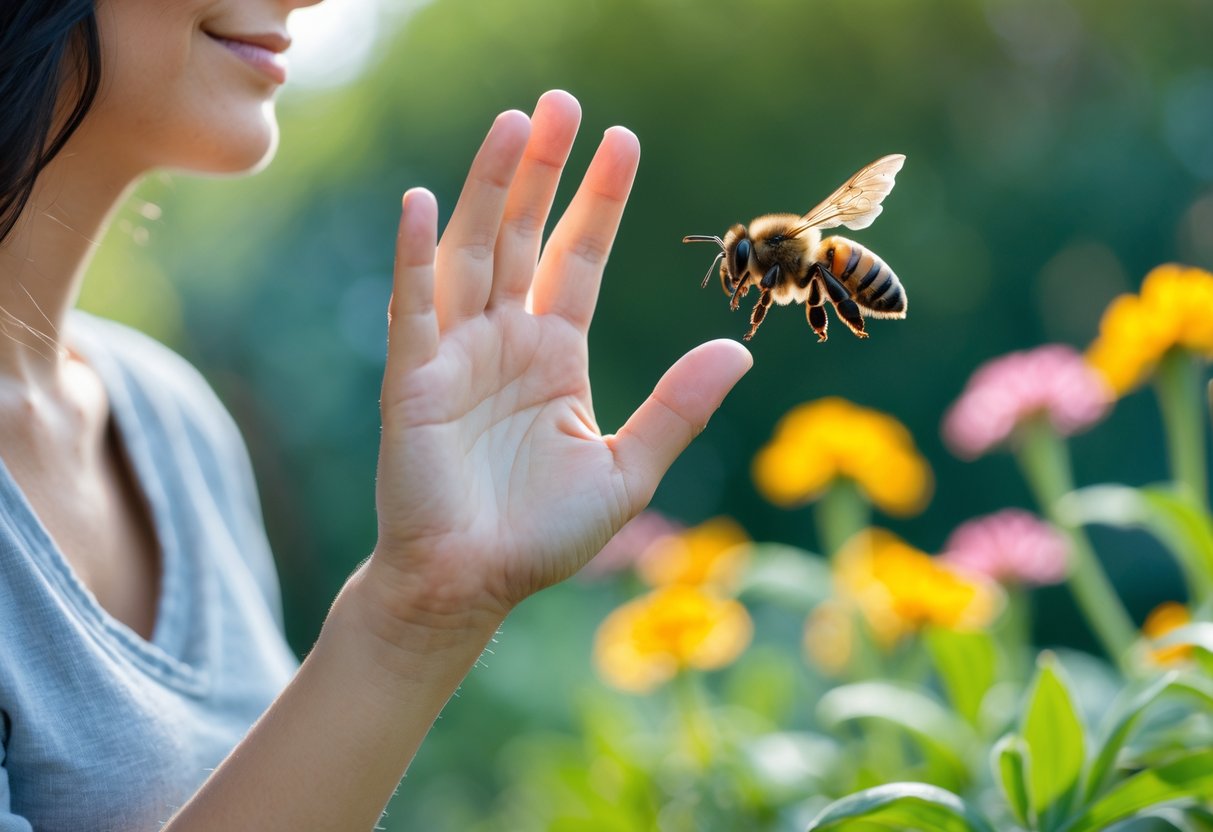 A person gently waving their hand to shoo away a bee flying near their face in a garden.