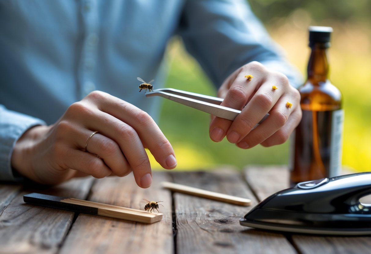 Close-up of a person's hand with a bee sting on the finger, holding tweezers hesitantly, with a lit match, alcohol bottle, and hot iron nearby on a table.