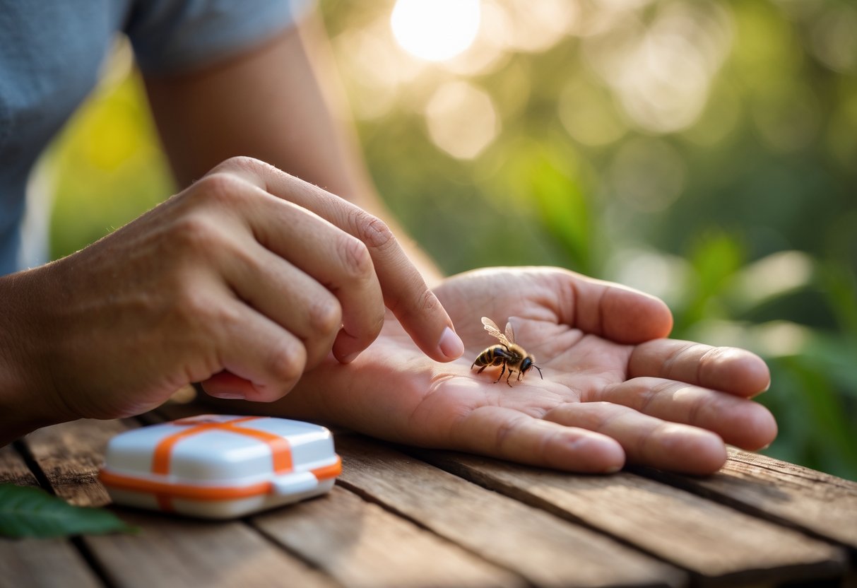 A person closely examining a bee sting on their hand outdoors with a first aid kit nearby.