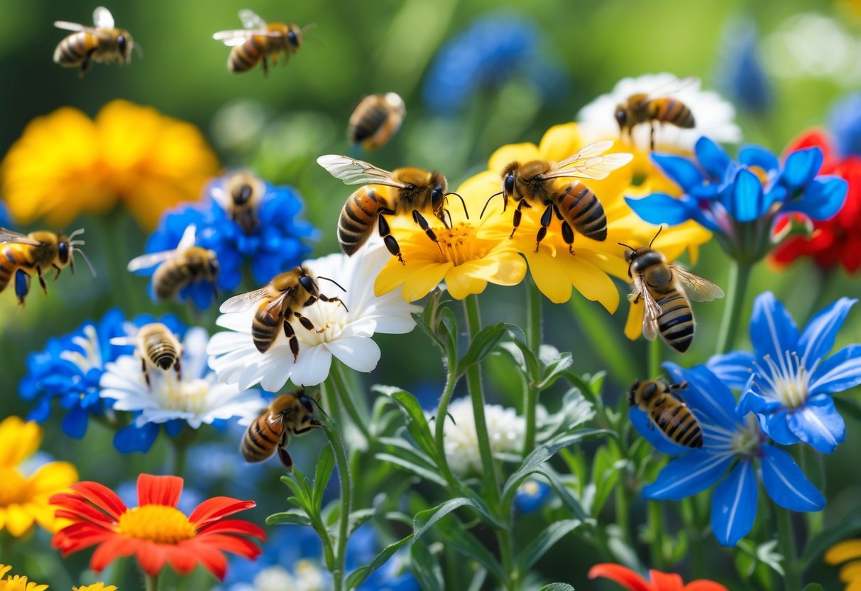 Bees pollinating yellow and white flowers while avoiding blue flowers in a garden.