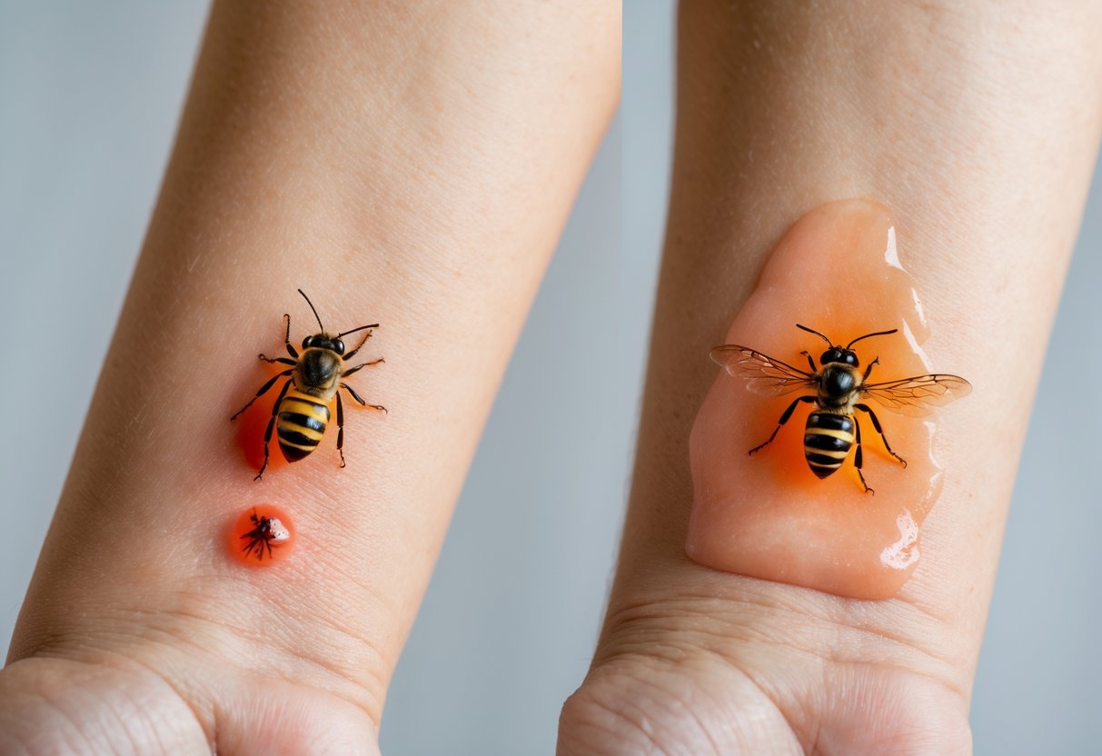 Close-up of two arms showing a bee sting with a stinger and a wasp sting with redness and swelling.