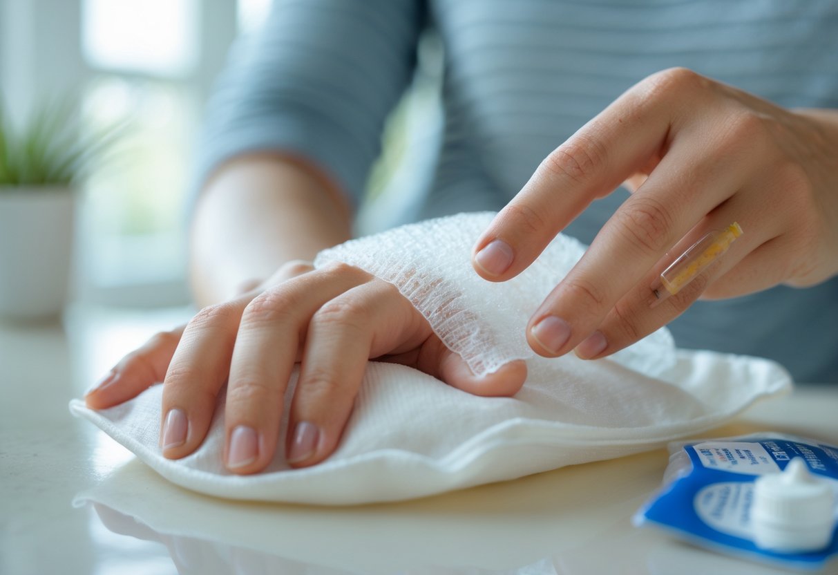 A close-up of a person's hand applying a cold compress to a bee sting on their finger with a first aid kit nearby.