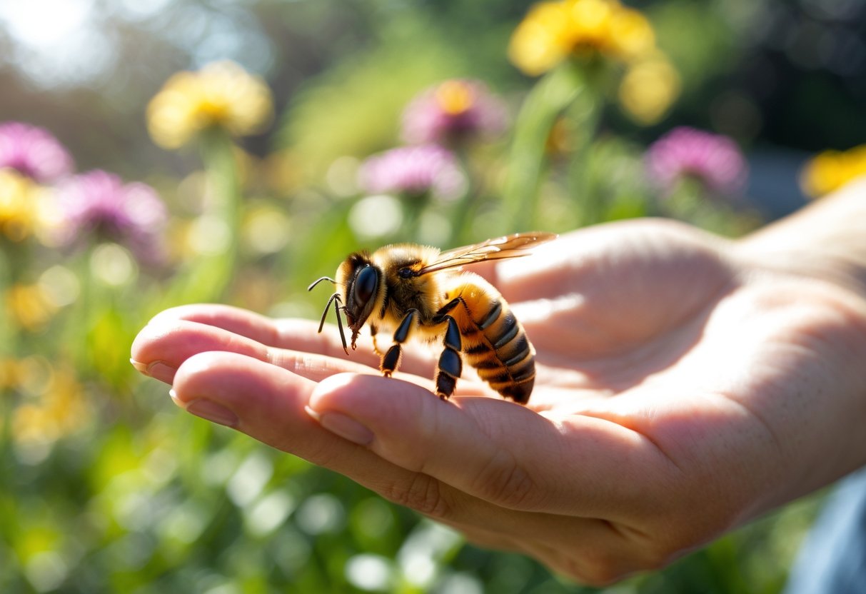 A person gently holding a honeybee on their fingertip outdoors with flowers in the background.