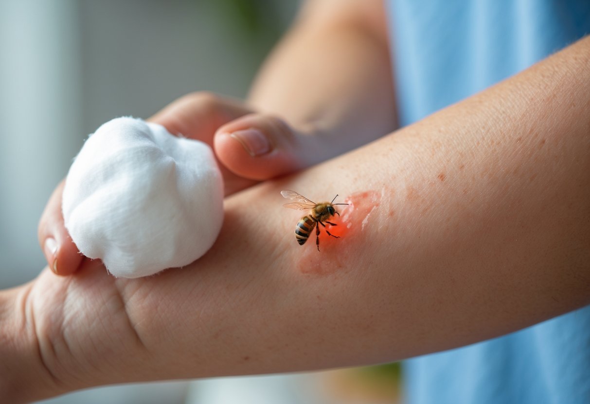A person applying vinegar with a cotton ball to a red bee sting on their forearm.
