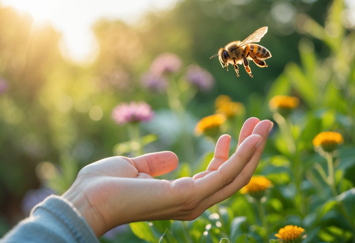 A person calmly holding their hand near a bee hovering in a garden with flowers and green plants.