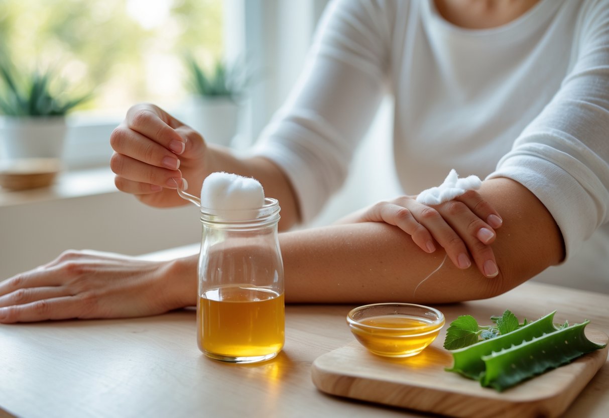 A person applying apple cider vinegar with a cotton ball to a bee sting on their forearm in a bright home setting with natural light.