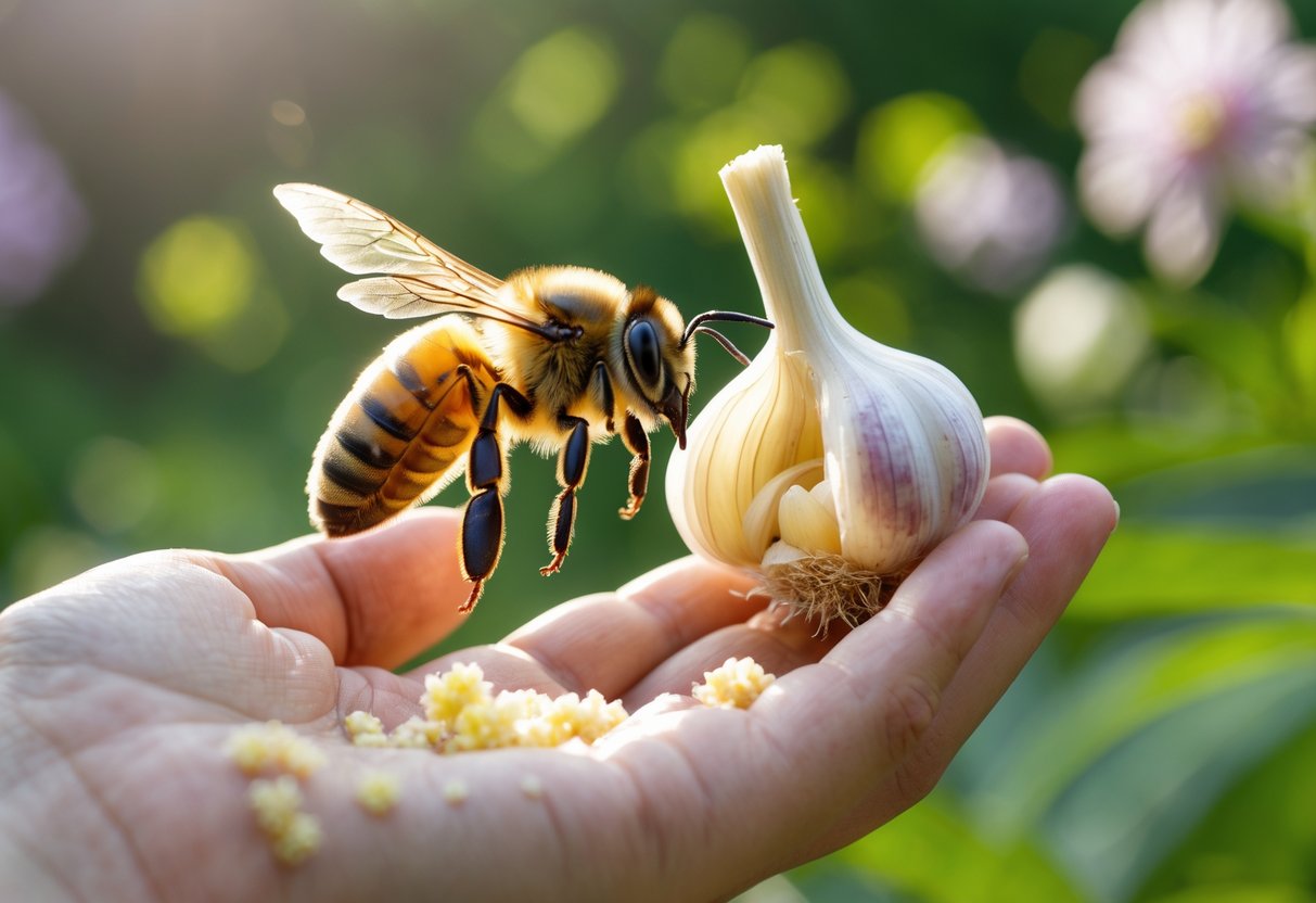 A honeybee flying aggressively near a hand holding crushed garlic in a garden.