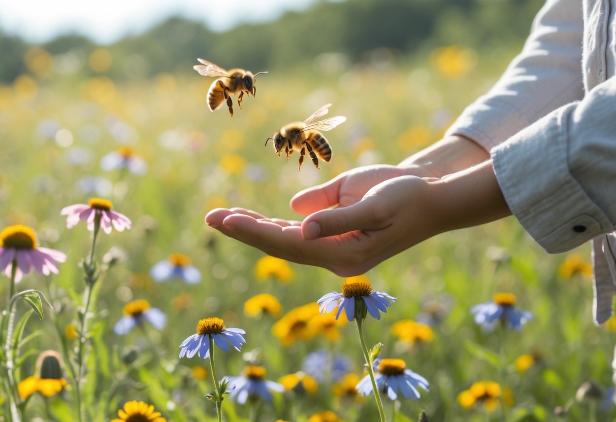 A person standing calmly in a meadow with a honeybee hovering near their hand.