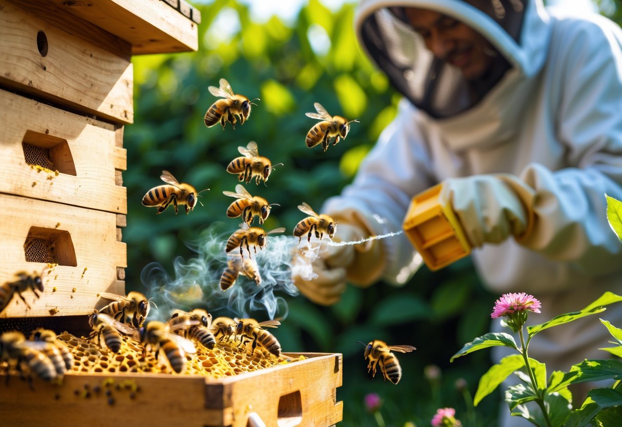 Close-up of a beehive with bees flying and clustering around the entrance, with a beekeeper releasing smoke nearby.
