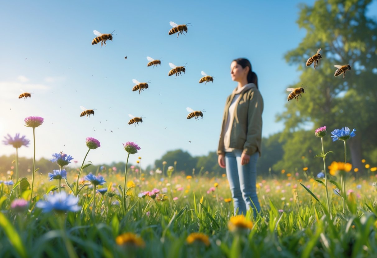 A person standing still in a sunny meadow with wildflowers while bees fly nearby.