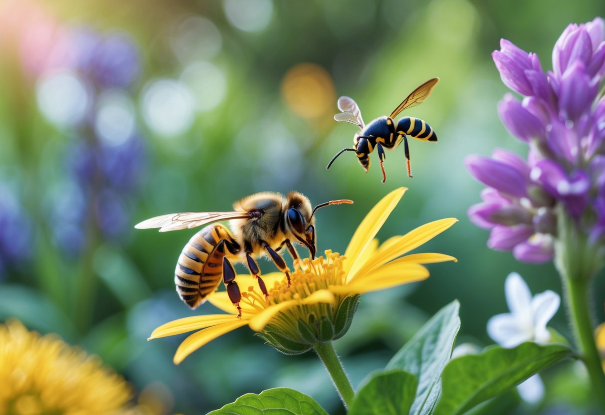 A bee and a wasp near colorful flowers in a garden with green foliage in the background.