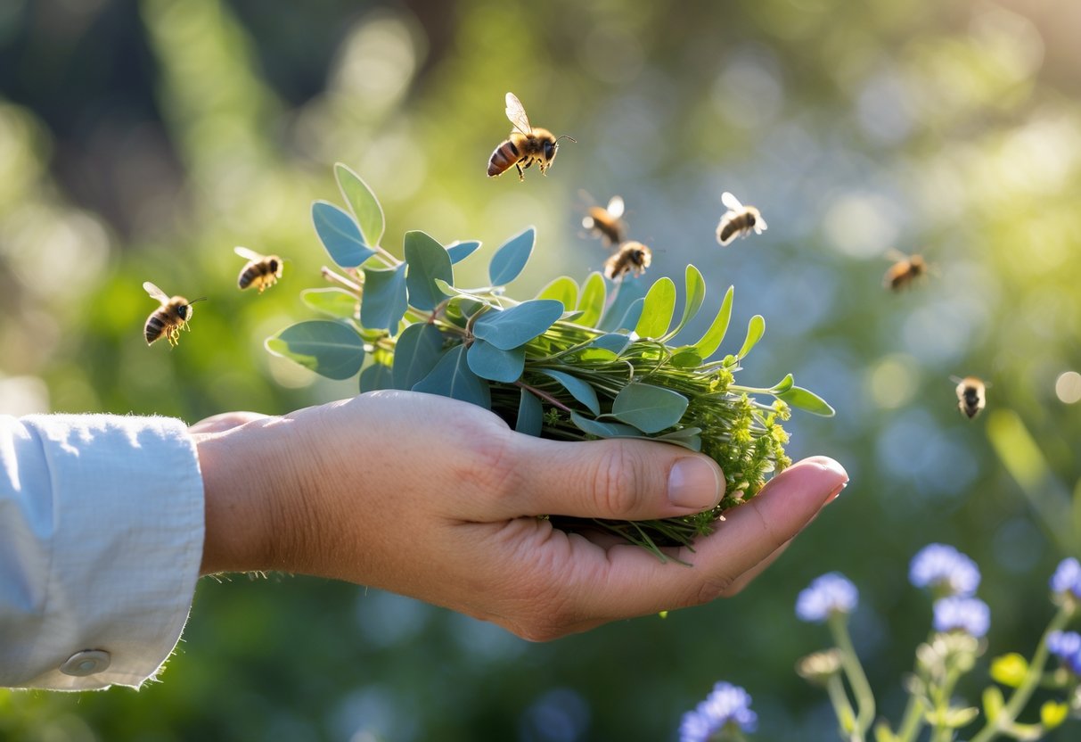 A hand holding eucalyptus leaves with bees flying nearby but staying away, set against a blurred garden background.
