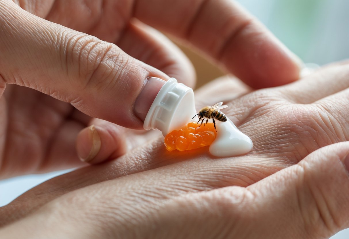 A person applying toothpaste to a red, swollen bee sting on their hand.