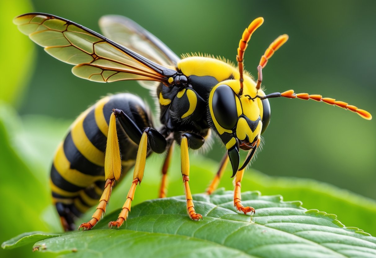 Close-up of an Asian giant hornet resting on a green leaf outdoors.
