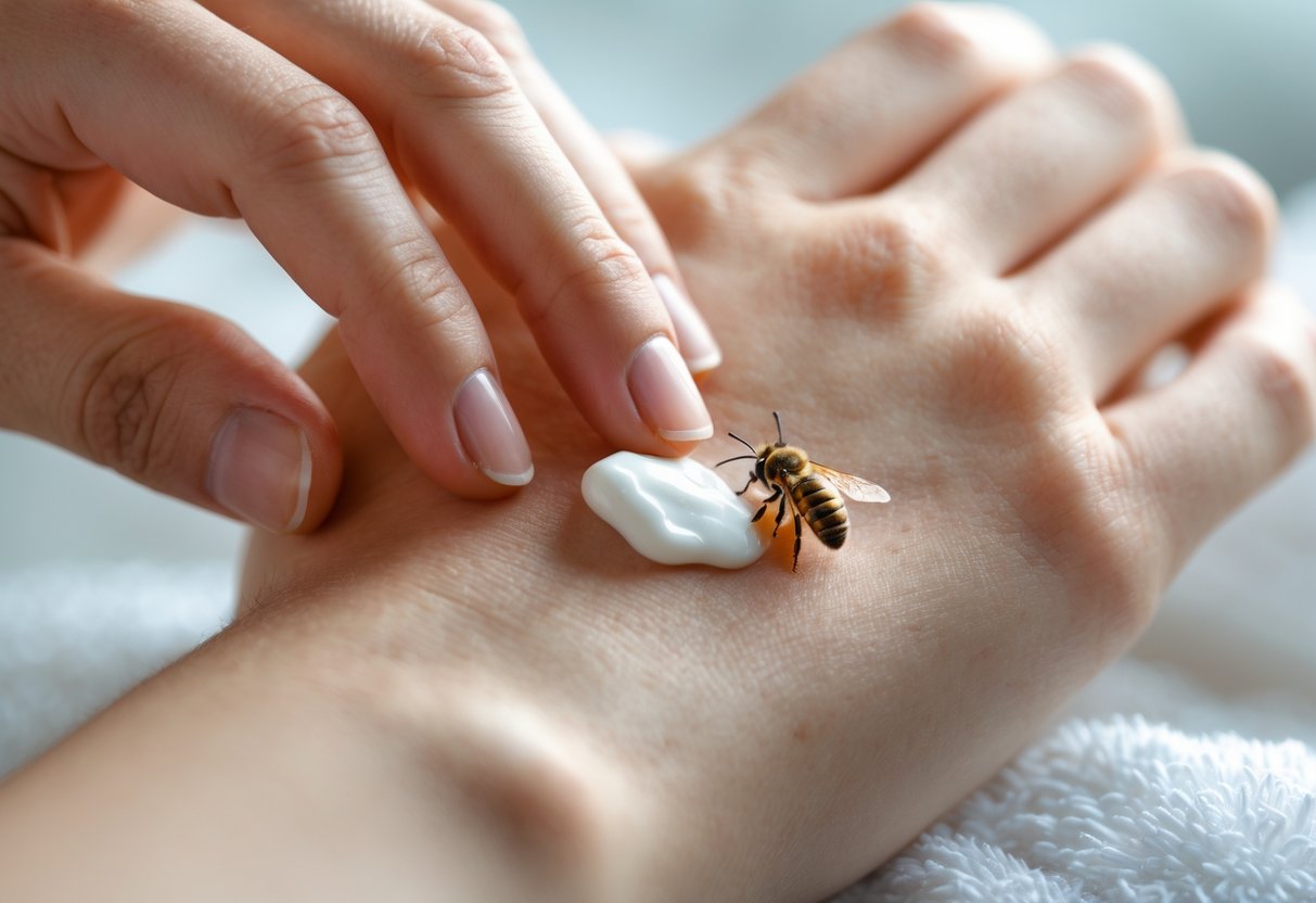A person applying toothpaste to a red bee sting on their hand.