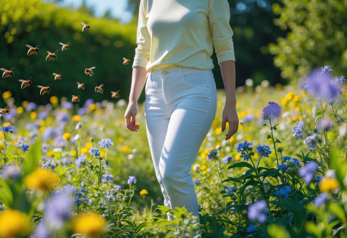 A person wearing light-colored clothes standing calmly in a flower-filled garden with bees nearby but not approaching.