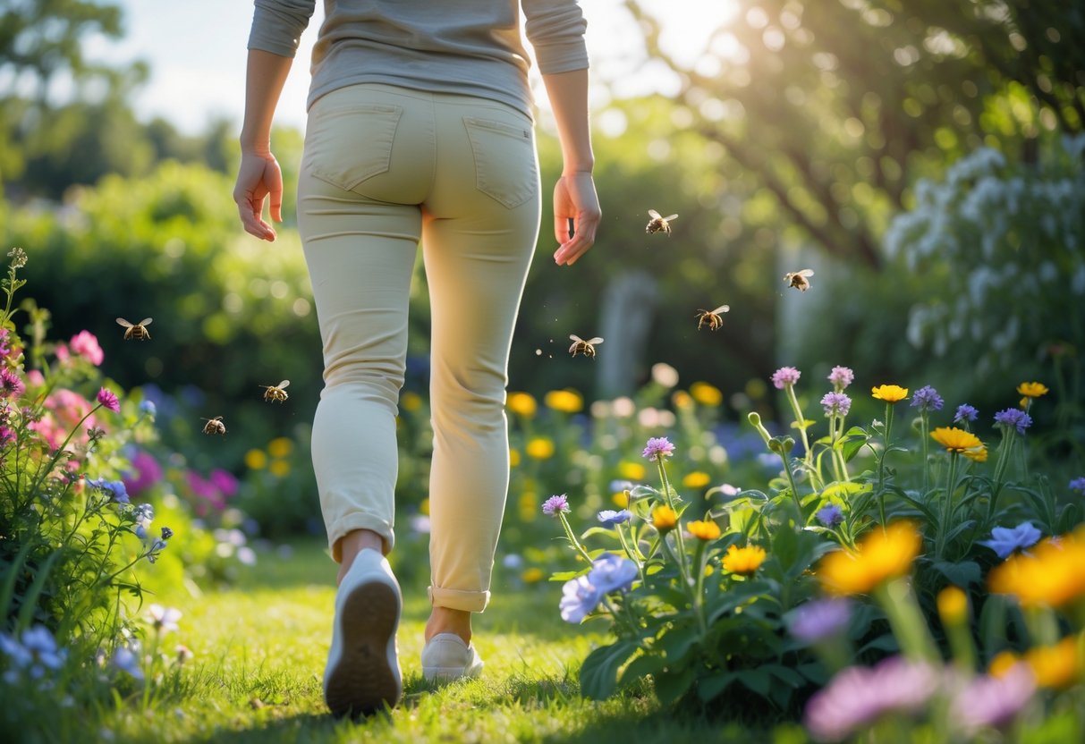 A person walking through a flower garden wearing light-colored clothing with bees hovering around nearby flowers.