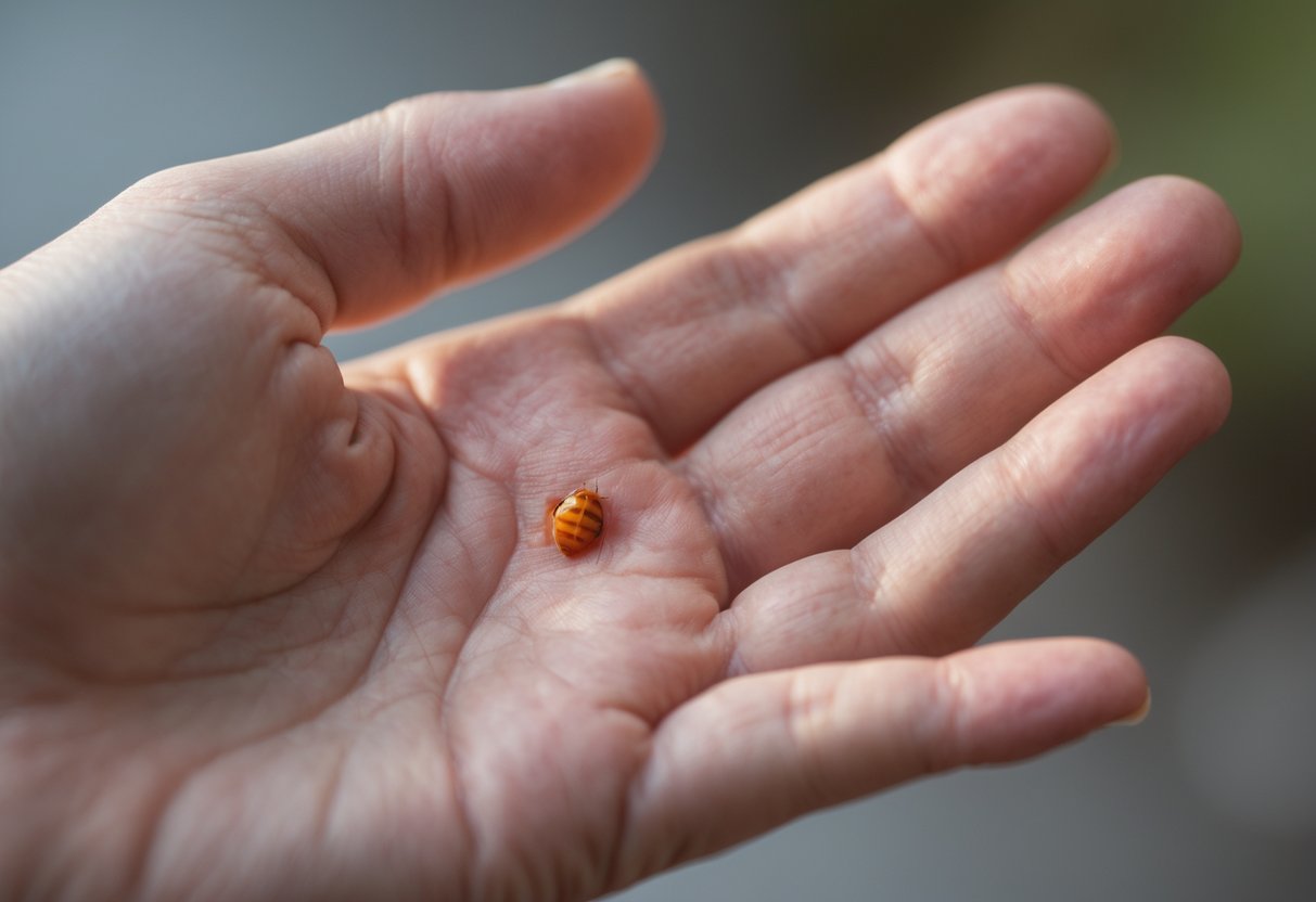 A person's hand touching a small red swollen area on their skin caused by a bee sting.