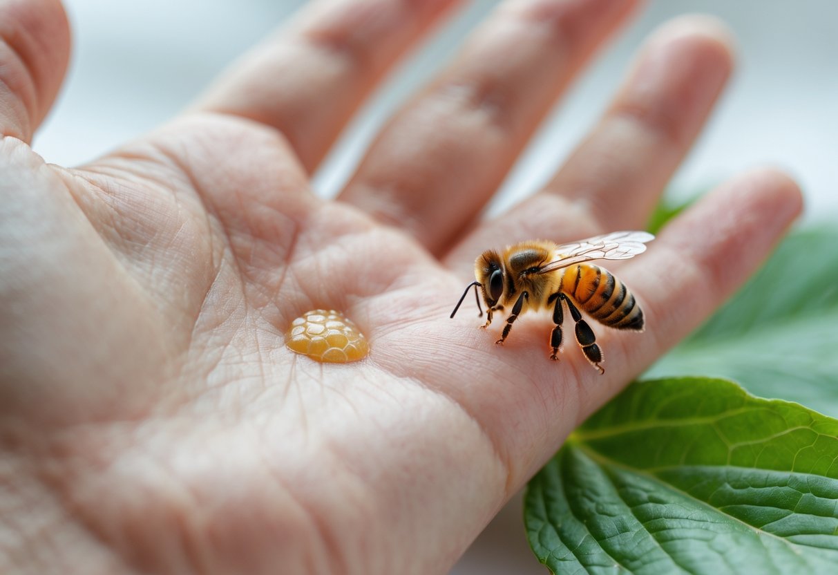 Close-up of a hand with a visible bee sting and a honeybee perched on a nearby leaf.