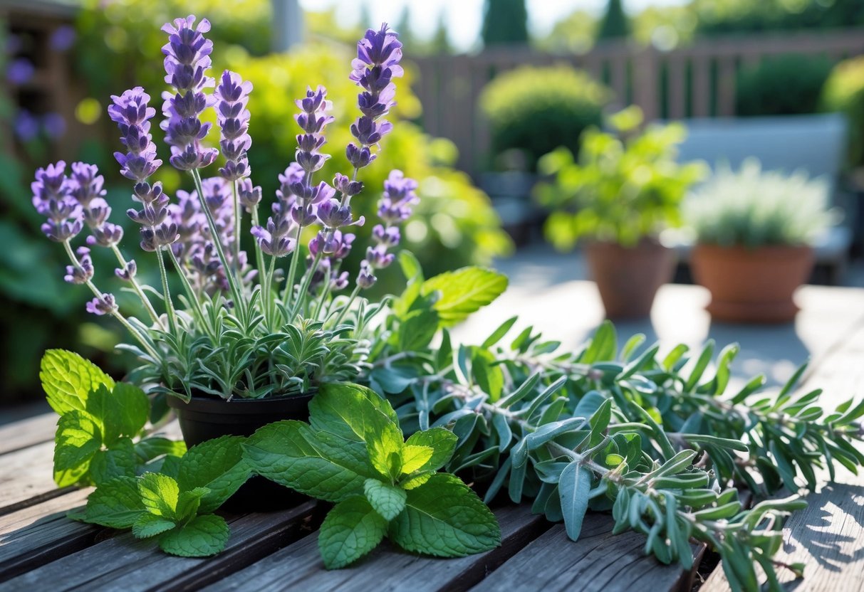 A garden scene showing lavender, mint, eucalyptus, and citronella plants arranged on a wooden table outdoors.