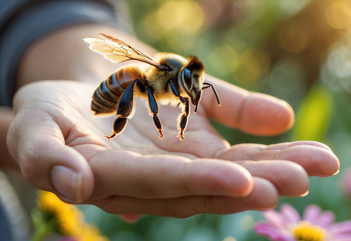 A bee flying close to a person's open hand in a garden with flowers and green plants.
