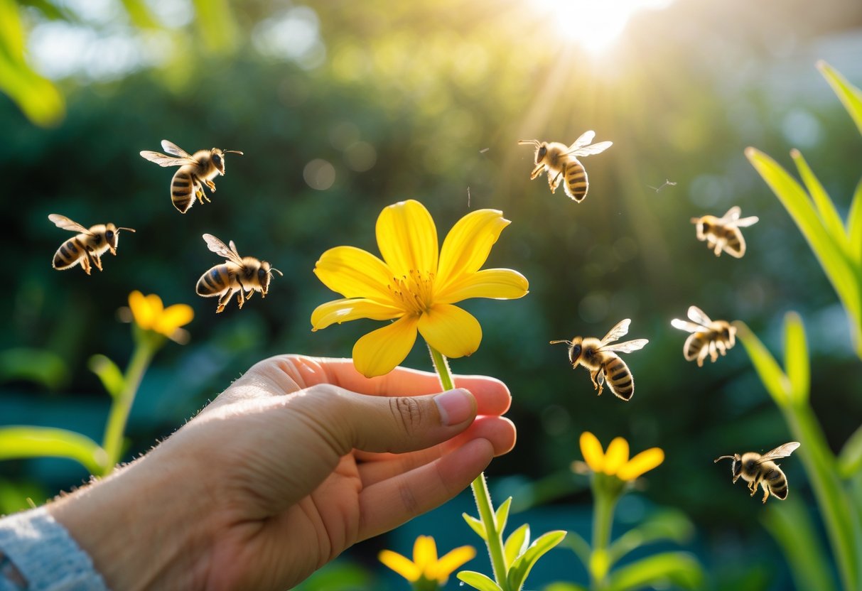 A hand holding a yellow flower with bees flying nearby but not landing on it in a garden.