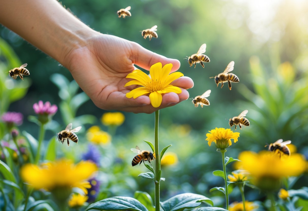 A hand holding a yellow flower with bees flying nearby but not landing on it in a garden.